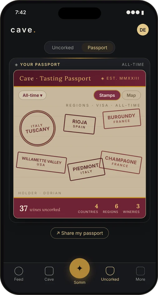 Tasting Passport with region stamps for Tuscany, Rioja, Burgundy, Willamette Valley, Piedmont and Champagne