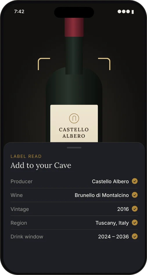 Cave reading a wine label and filling in producer, wine, vintage, region and drinking window